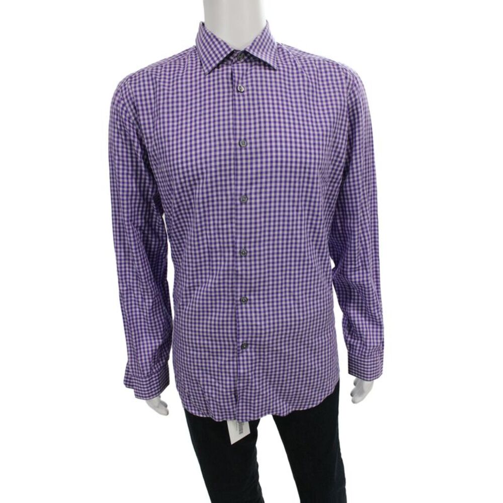 Paul Smith Mens Gingham Plaid Button Down Shirt Purple Cotton Size 16.5 42